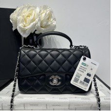 Chanel small Classic Flap with Handle Lambskin Black Silver Hardware Top Handle Shoulder Bag AS2431