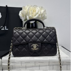 Chanel small Classic Flap with Handle Lambskin Black Gold Hardware Top Handle Shoulder Bag AS2431