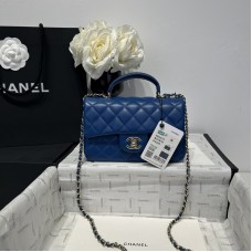 Chanel small Classic Flap with Handle Lambskin Blue Gold Hardware Top Handle Shoulder Bag AS2431