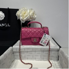 Chanel small Classic Flap with Handle Lambskin Hot Pink Gold Hardware Top Handle Shoulder Bag AS2431