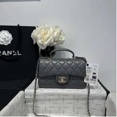 Chanel small Classic Flap with Handle Lambskin Grey Gold Hardware Top Handle Shoulder Bag AS2431