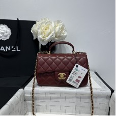 Chanel small Classic Flap with Handle Lambskin Dark Red Gold Hardware Top Handle Shoulder Bag AS2431