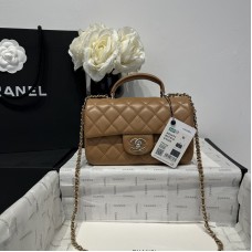Chanel small Classic Flap with Handle Lambskin Camel Gold Hardware Top Handle Shoulder Bag AS2431