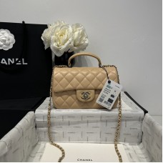 Chanel small Classic Flap with Handle Lambskin Beige Gold Hardware Top Handle Shoulder Bag AS2431
