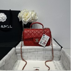 Chanel small Classic Flap with Handle Lambskin Red Gold Hardware Top Handle Shoulder Bag AS2431