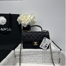 Chanel small Classic Flap with Handle Caviar Leather Black Gold Hardware Top Handle Shoulder Bag AS2431