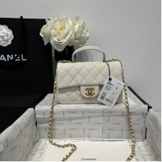 Chanel small Classic Flap with Handle Caviar Leather White Cream Gold Hardware Top Handle Shoulder Bag AS2431