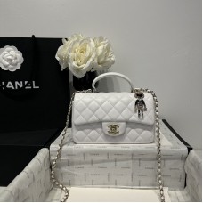 Chanel small Classic Flap with Handle Lambskin White Gold Hardware Top Handle Shoulder Bag AS2431