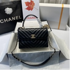 Chanel Trendy Flap Top Handle Bag 25cm Lambskin Black Light Gold Hardware Shoulder Bag A92236